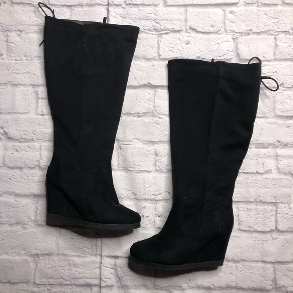 black wedge long boots